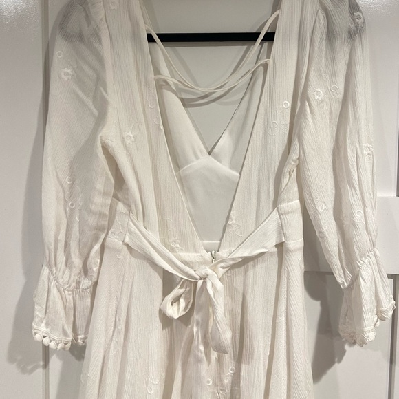 Embroidered white v neck sundress with open back and back bow tie detail - Picture 7 of 10